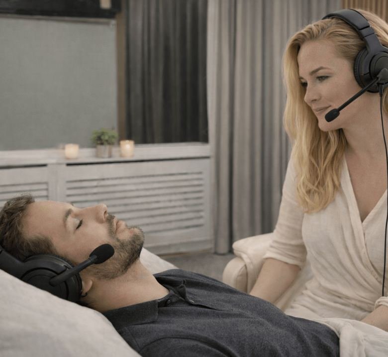 Hypnosesitzung bei The Voice - Hypnose: Klient liegt entspannt mit Headset, Nadine begleitet die Sitzung